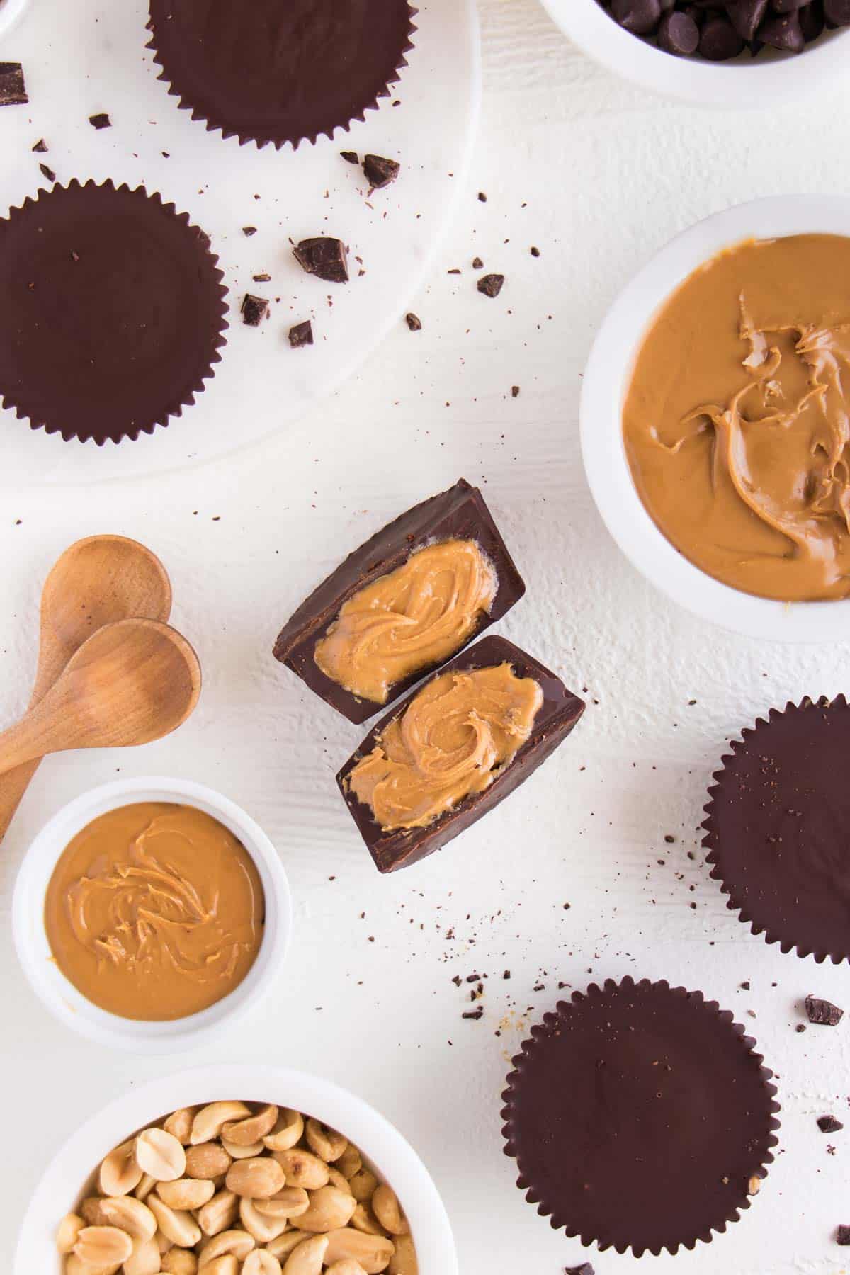 sliced chocolate cups filled with peanut butter