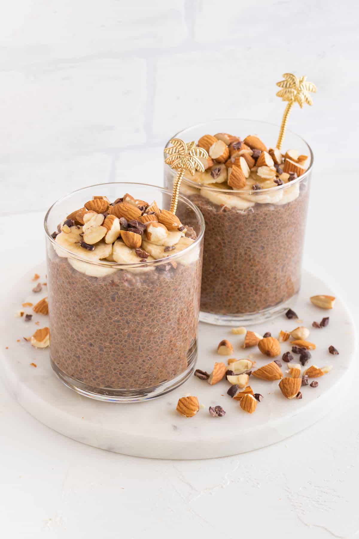 chia parfait with almonds, bananas, and cacao nibs