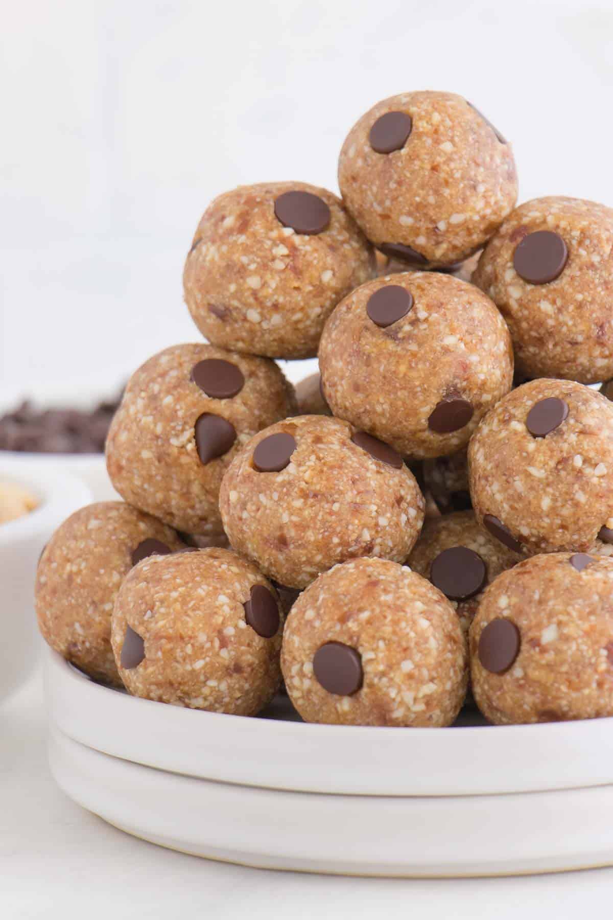 a stack of chocolate chip cookie dough balls
