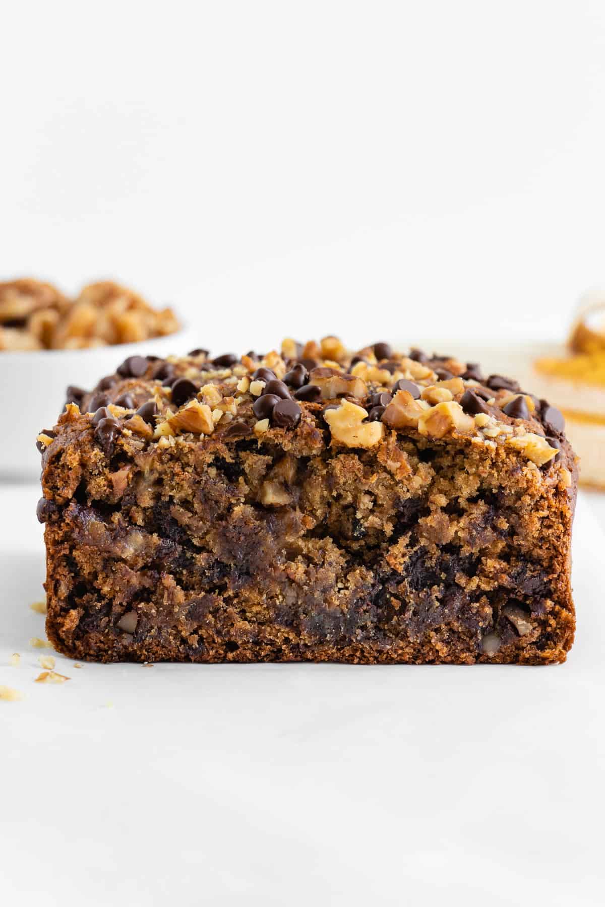 sliced homemade bread filled with chocolate chips and walnuts