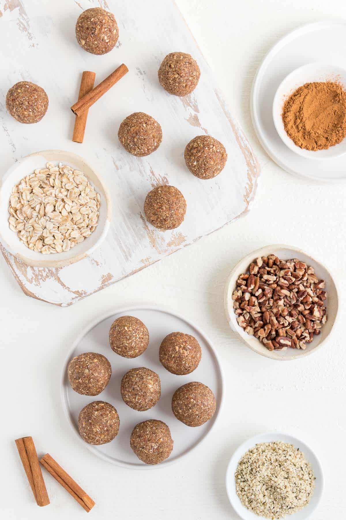 pecan pie bliss balls with rolled oats, pecans, cinnamon, and hemp seeds 