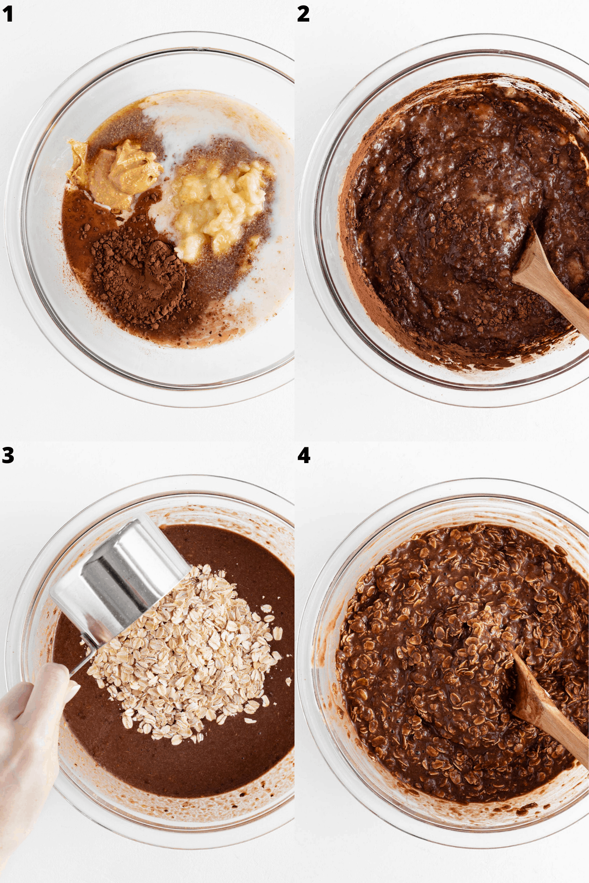 a hand mixing chocolate batter inside a large glass bowl