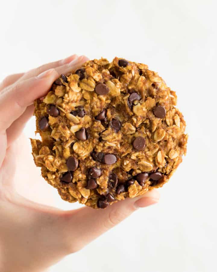 hand holding a pumpkin chocolate chip oatmeal cookie