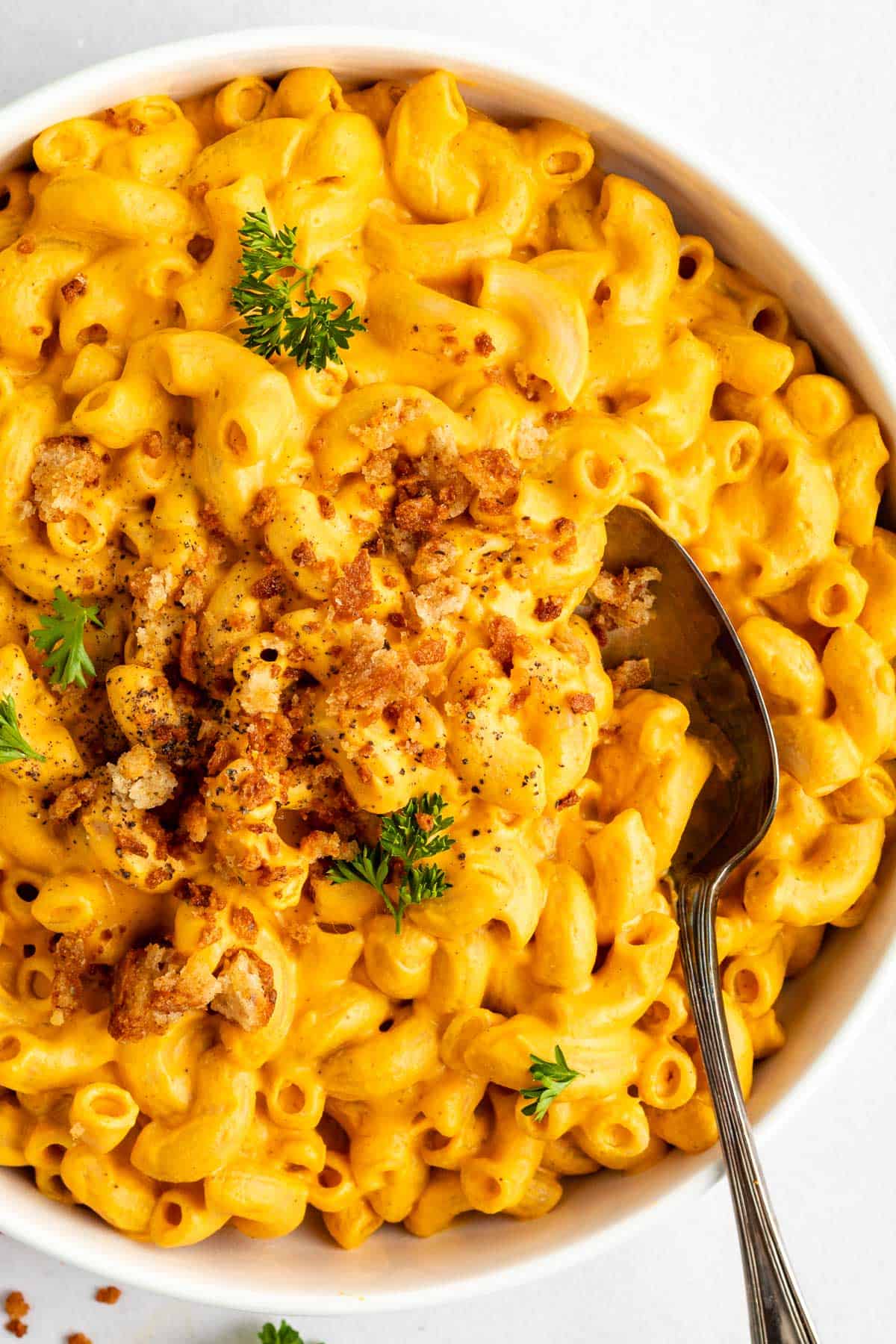 vegan sweet potato mac and cheese topped with toasted breadcrumbs inside a white bowl