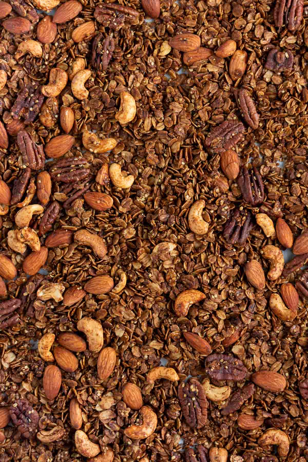 vegan gluten-free gingerbread granola with oats, cashews, almonds, and pecans