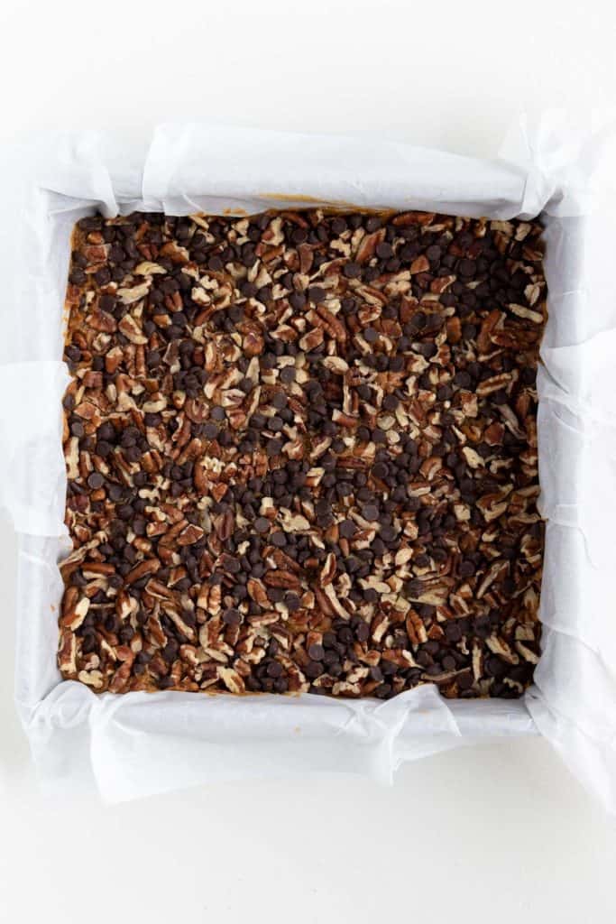 no-bake vegan turtle brownies in a square baking dish