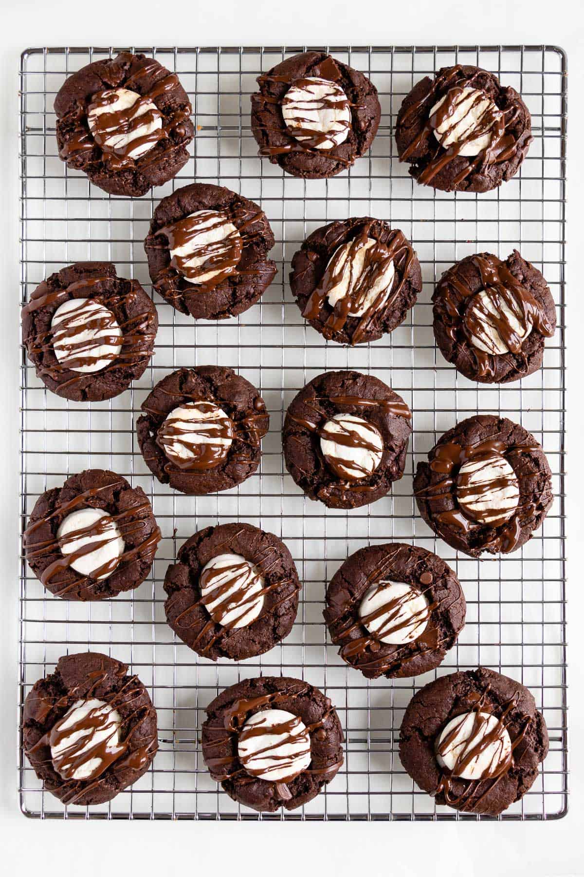 vegan hot chocolate cookies on top of a metal cooling rack