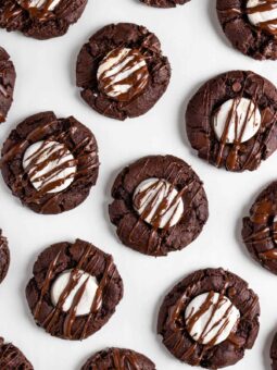 vegan hot cocoa cookies on a white surface