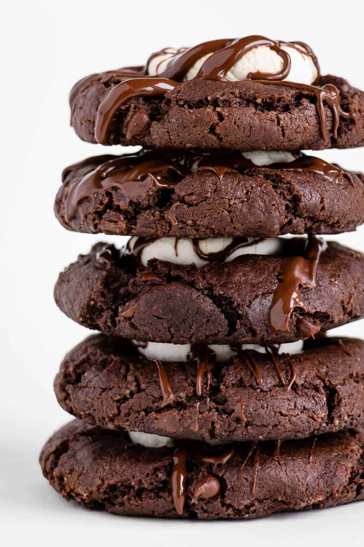 a stack of five vegan hot chocolate marshmallow cookies