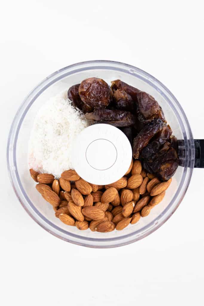 almonds, medjool dates, and shredded coconut in a food processor