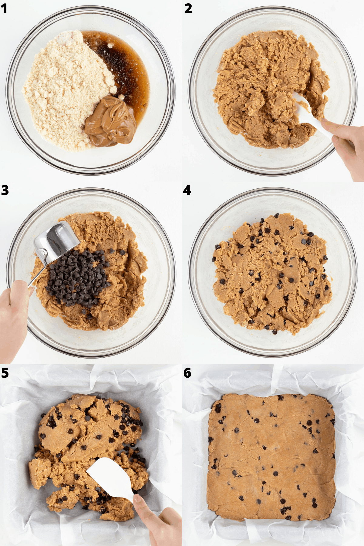 a collage of six step-by-step images showing the process of mixing ingredients in a glass bowl and pressing the dough into a square baking sheet