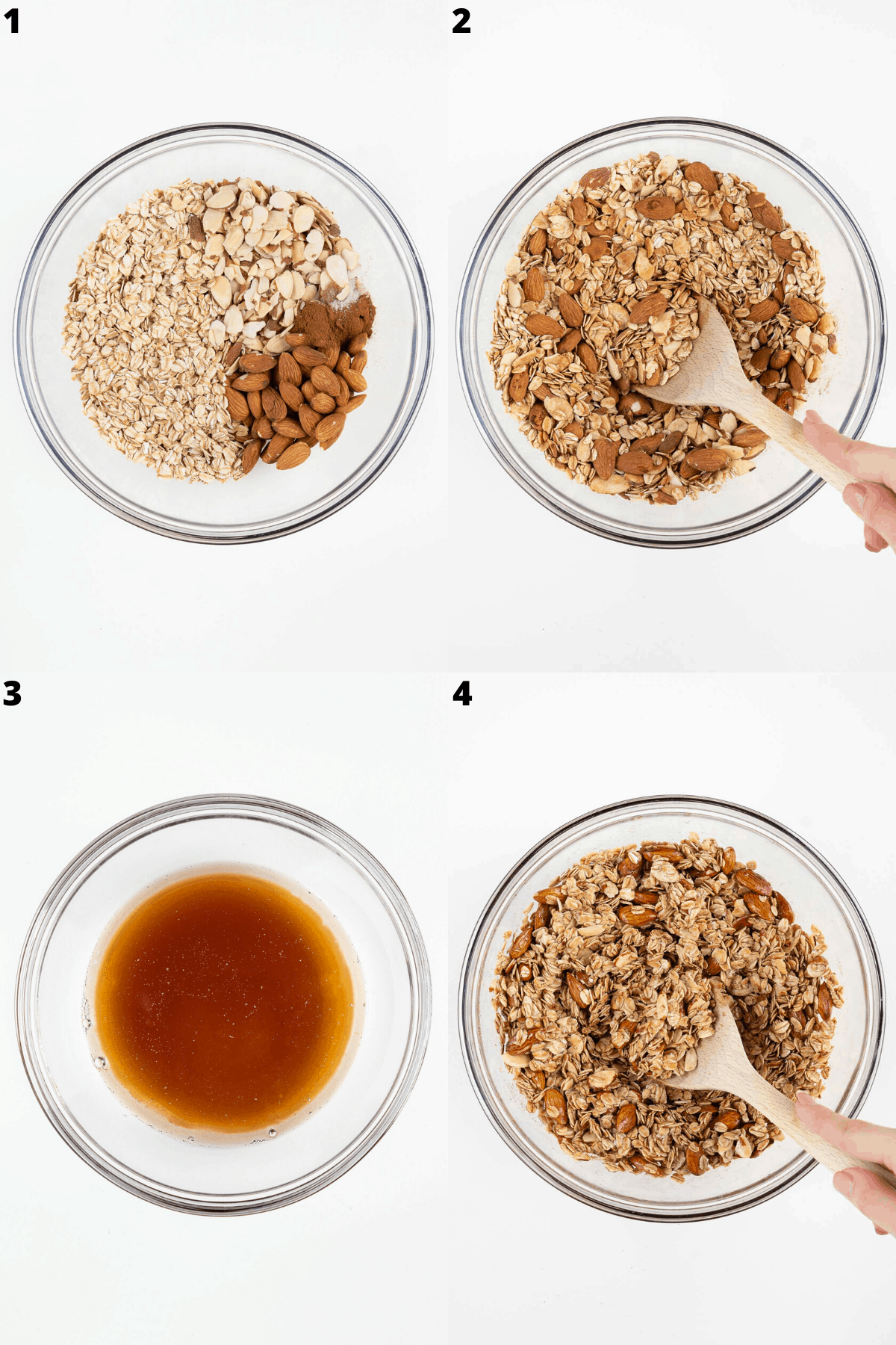 a collage of four images showing the step-by-step process of mixing ingredients in a glass bowl