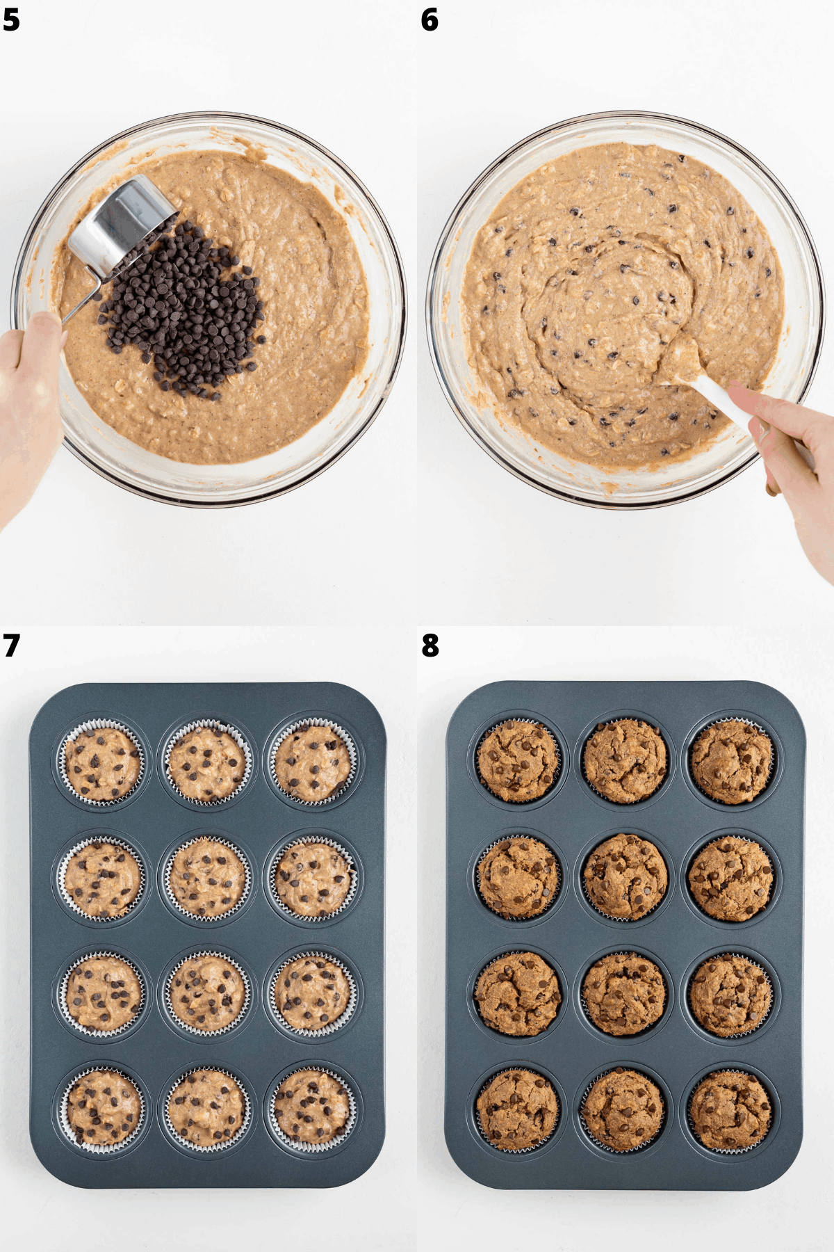 step by step mixing batter and adding batter to a baking tin