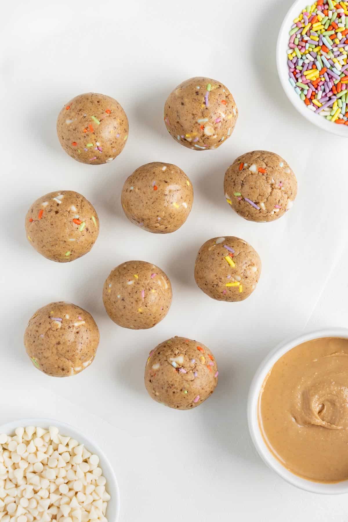 birthday cake energy balls with white chocolate chips and sprinkles