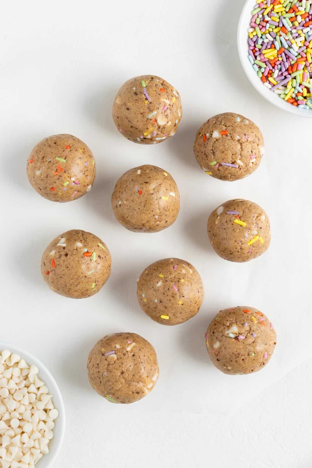 birthday cake energy balls with white chocolate chips and sprinkles