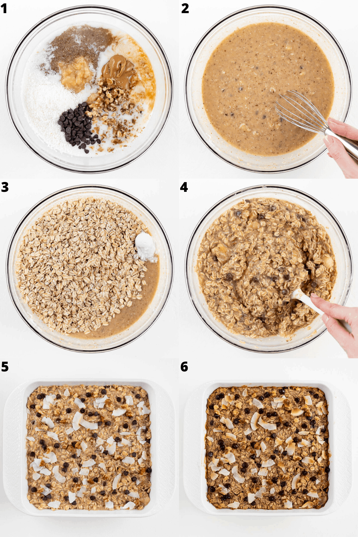 a hand mixing batter inside a glass bowl and spreading it into a square baking dish