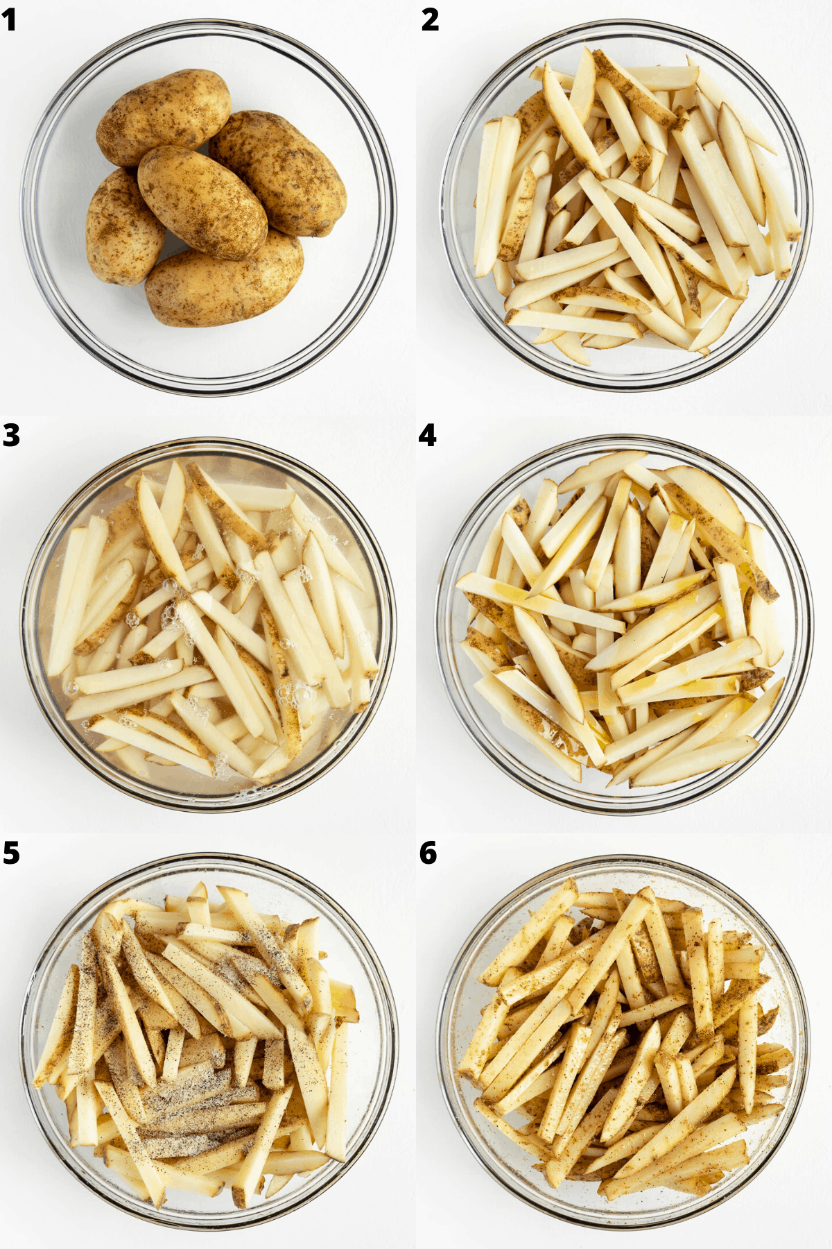 a six image collage preparing french fries step-by-step in a glass bowl