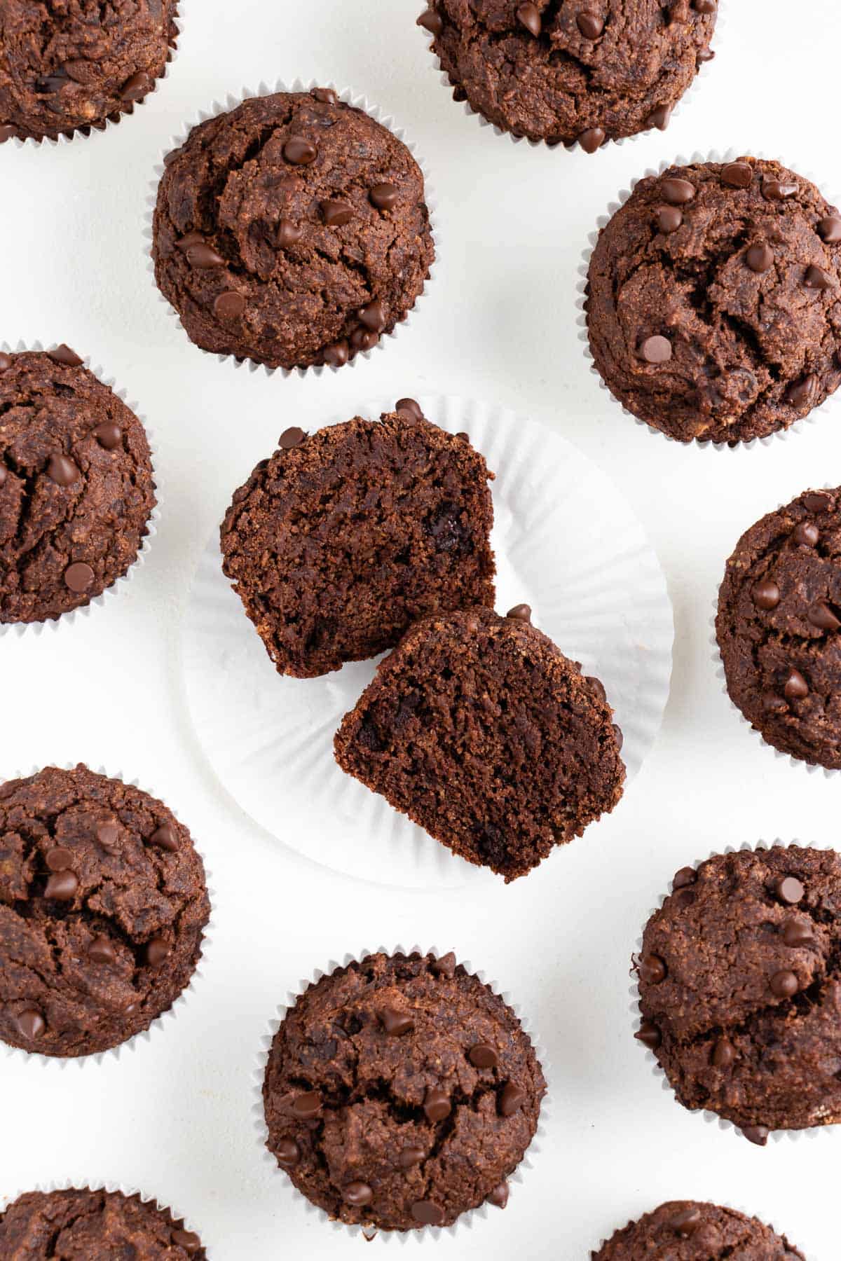 double chocolate banana muffins vegan and gluten-free with the center muffin sliced in half