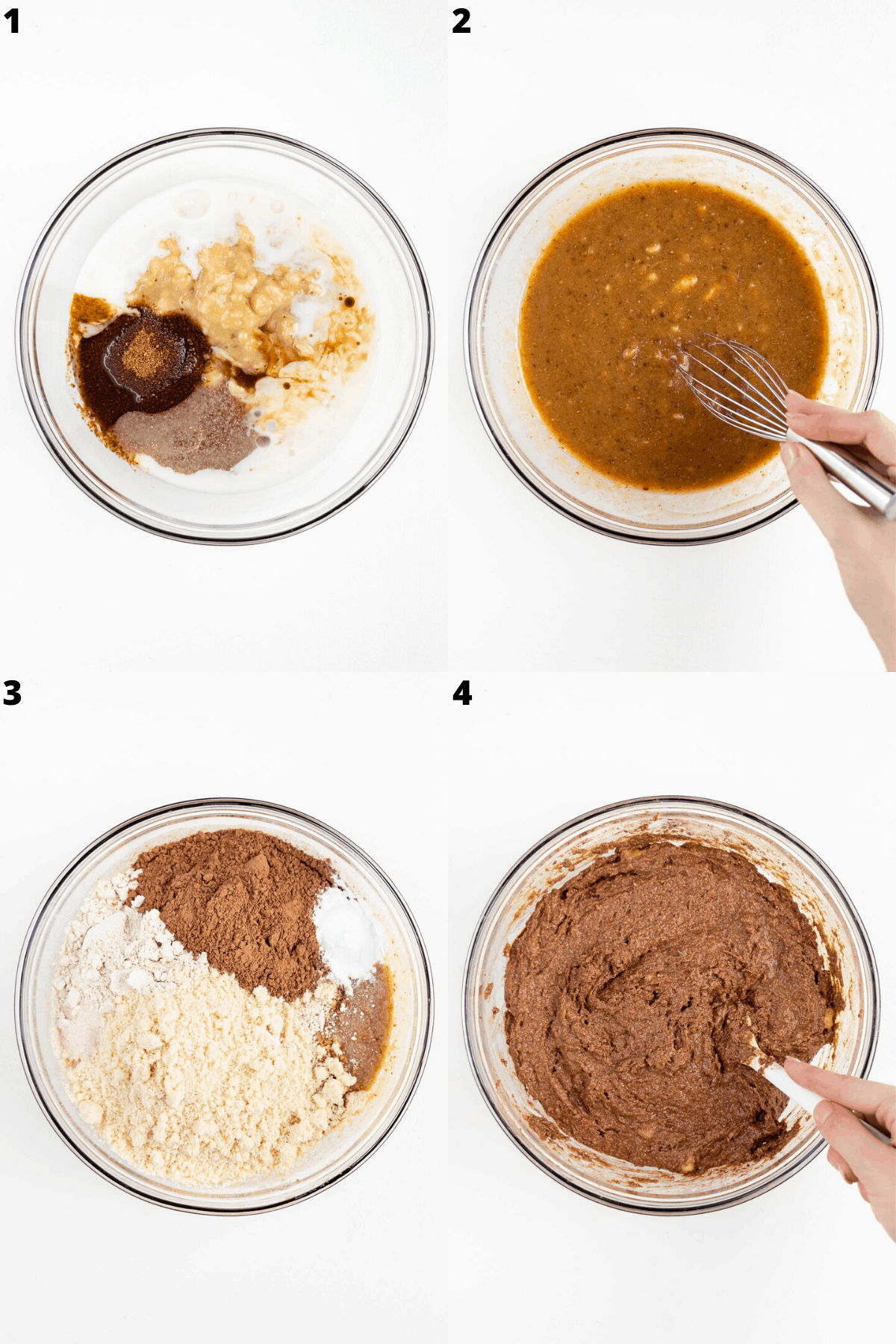 a step by step collage of a hand mixing batter in a glas bowl