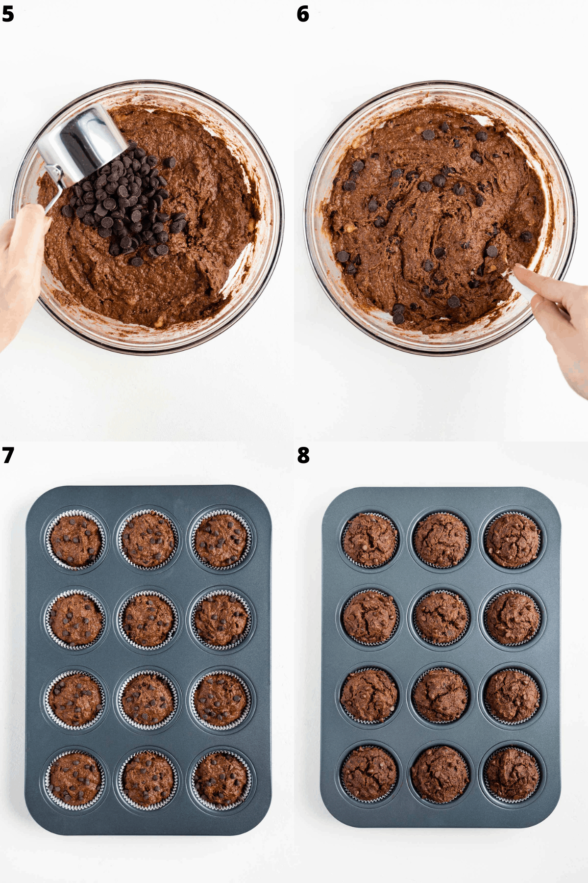 a hand mixing batter in a glass bowl and pouring the batter into a baking tin