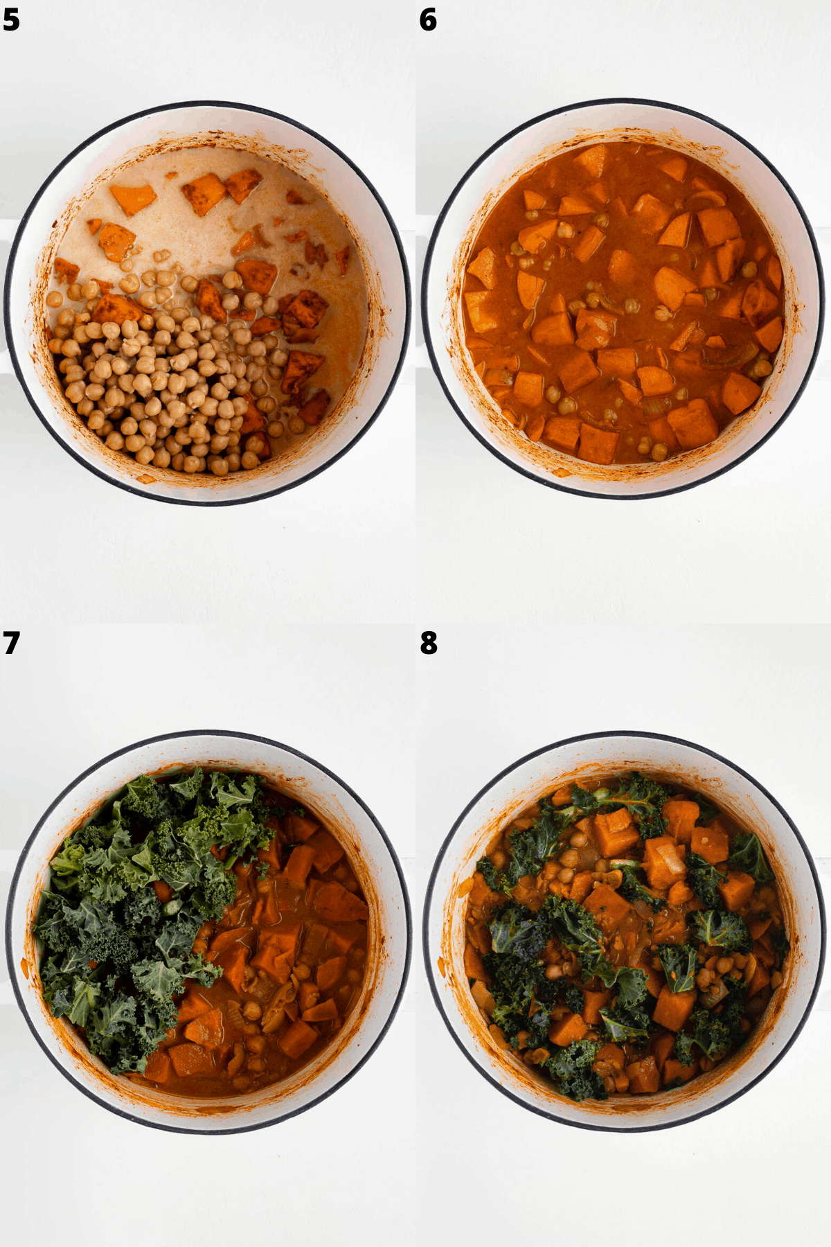 step by step process of sweet potato curry with chickpeas and kale being cooked in a white sauce pot