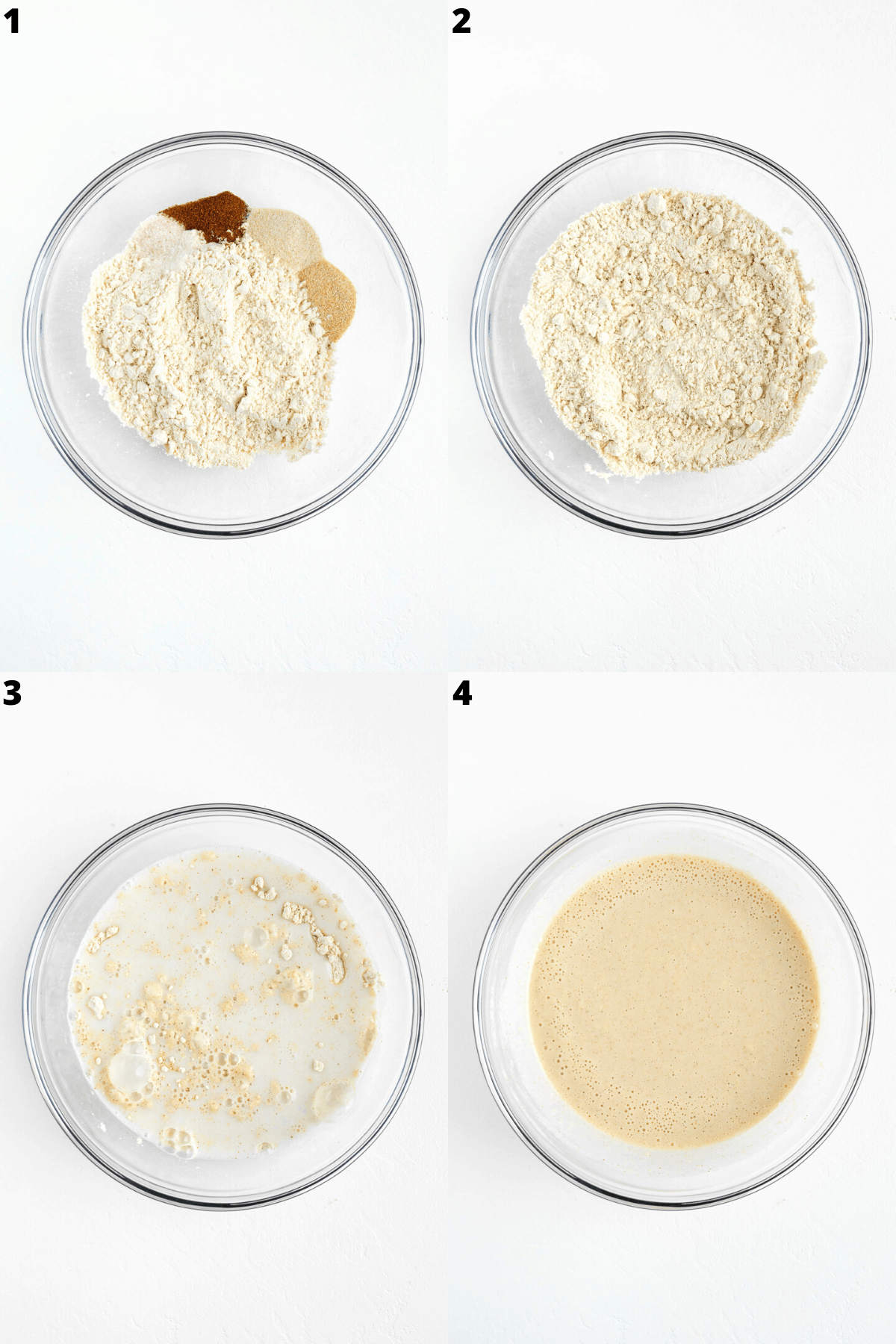 mixing flour, spices, and almond milk together in a glass bowl
