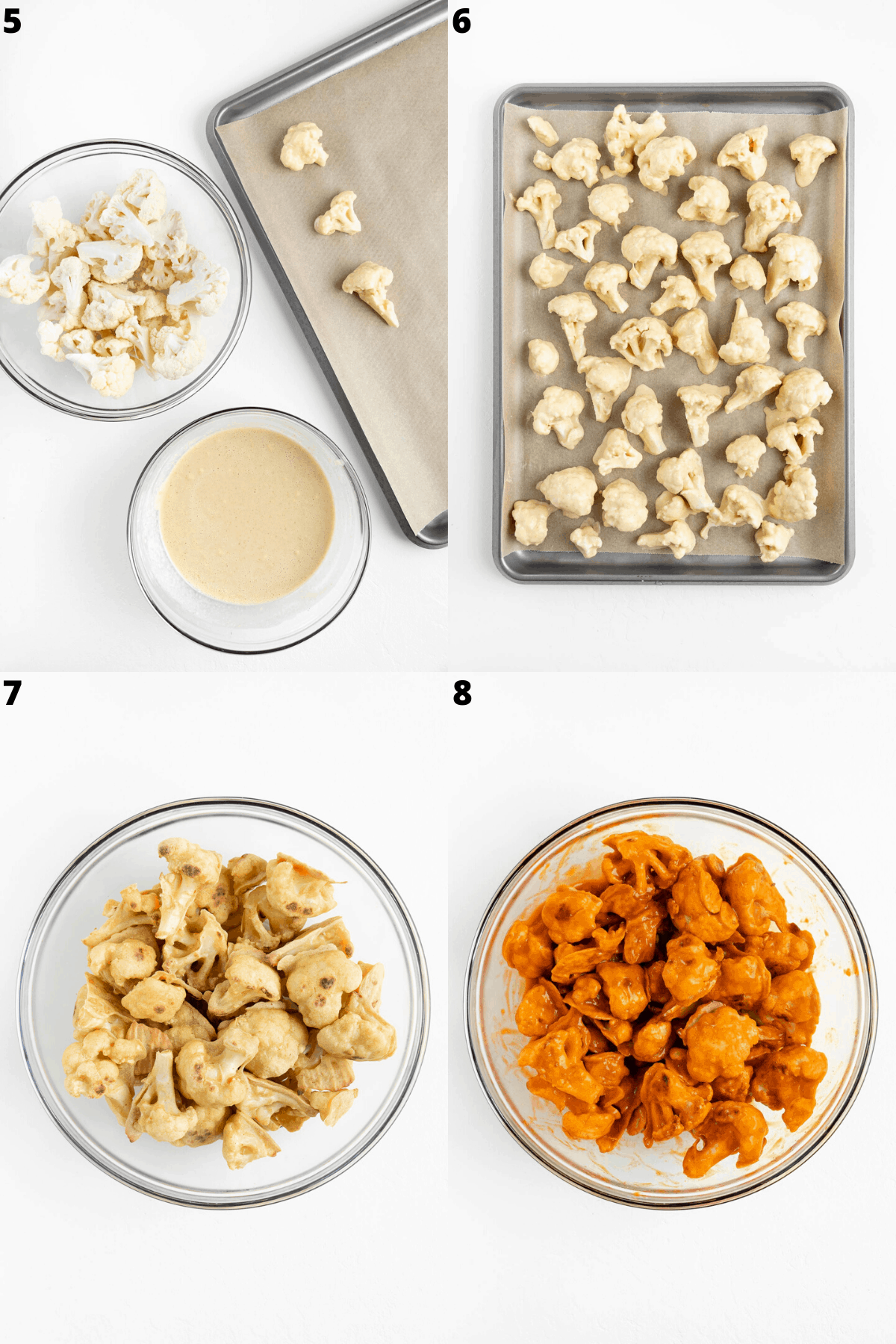 preparing cauliflower wings by dipping them into batter, placing them on a baking sheet, and pouring hot sauce over them