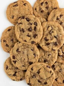 a pile of vegan chocolate chip cookies