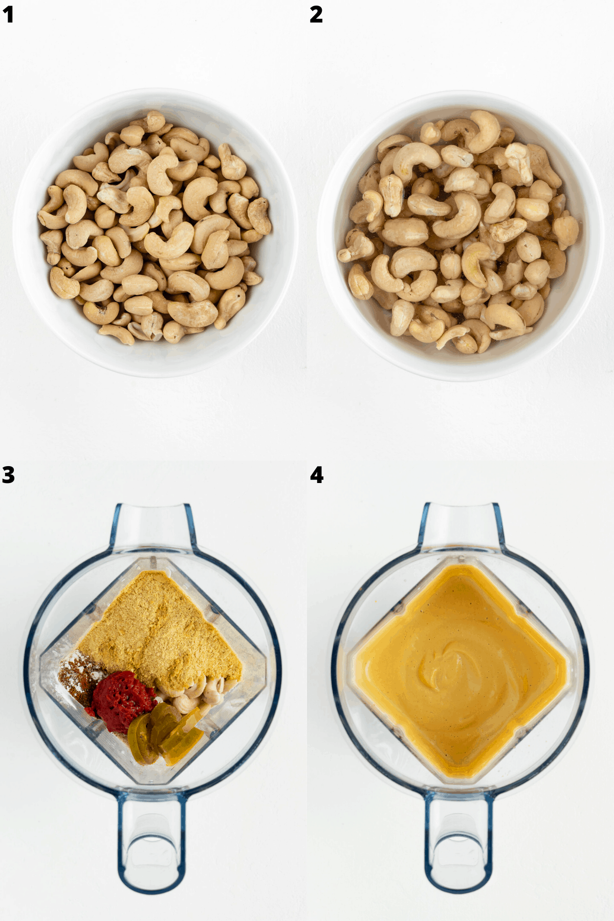 cashews soaking in a bowl of water and nutritional yeast, tomato paste, jalapeño, and lemon inside a blender