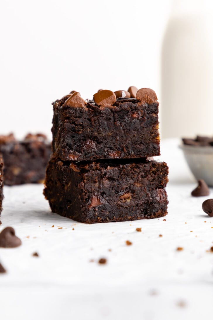 a stack of two vegan banana brownies