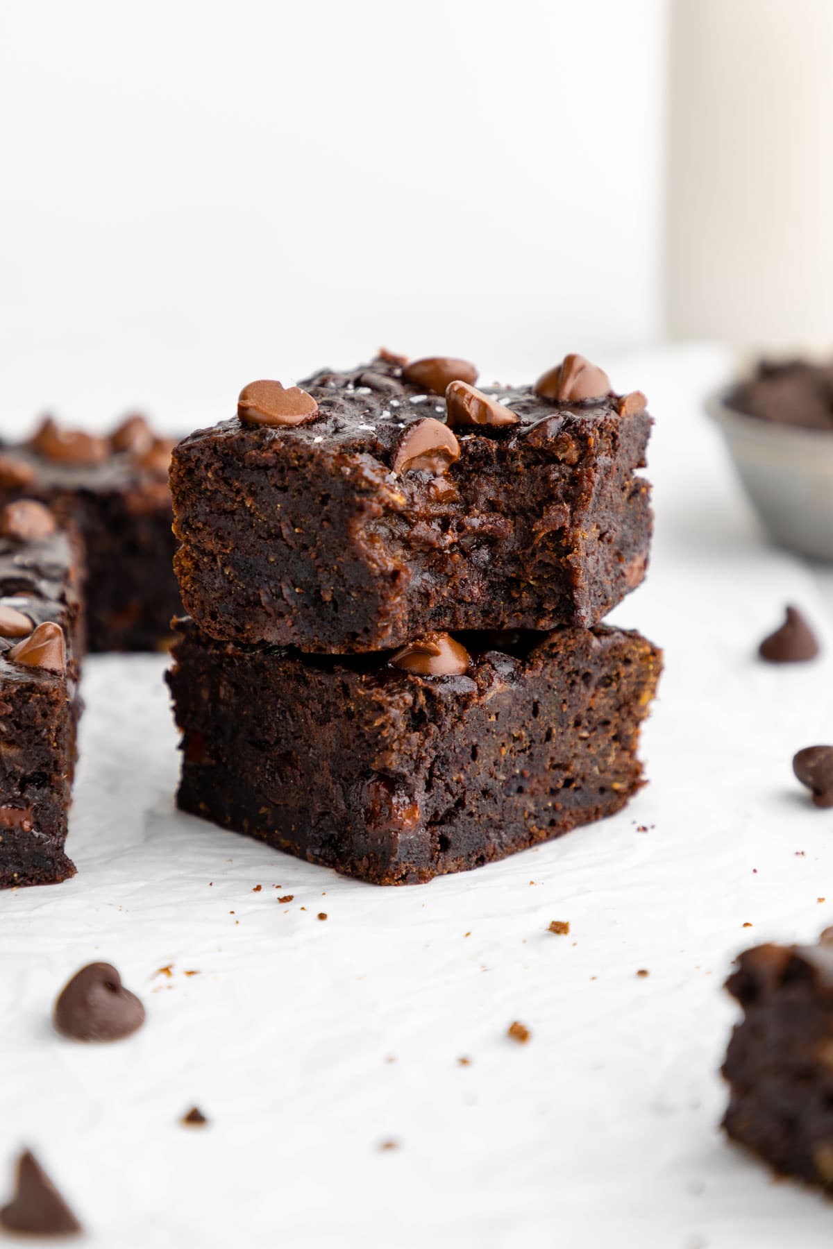 a sliced tray of vegan banana brownies with chocolate chips