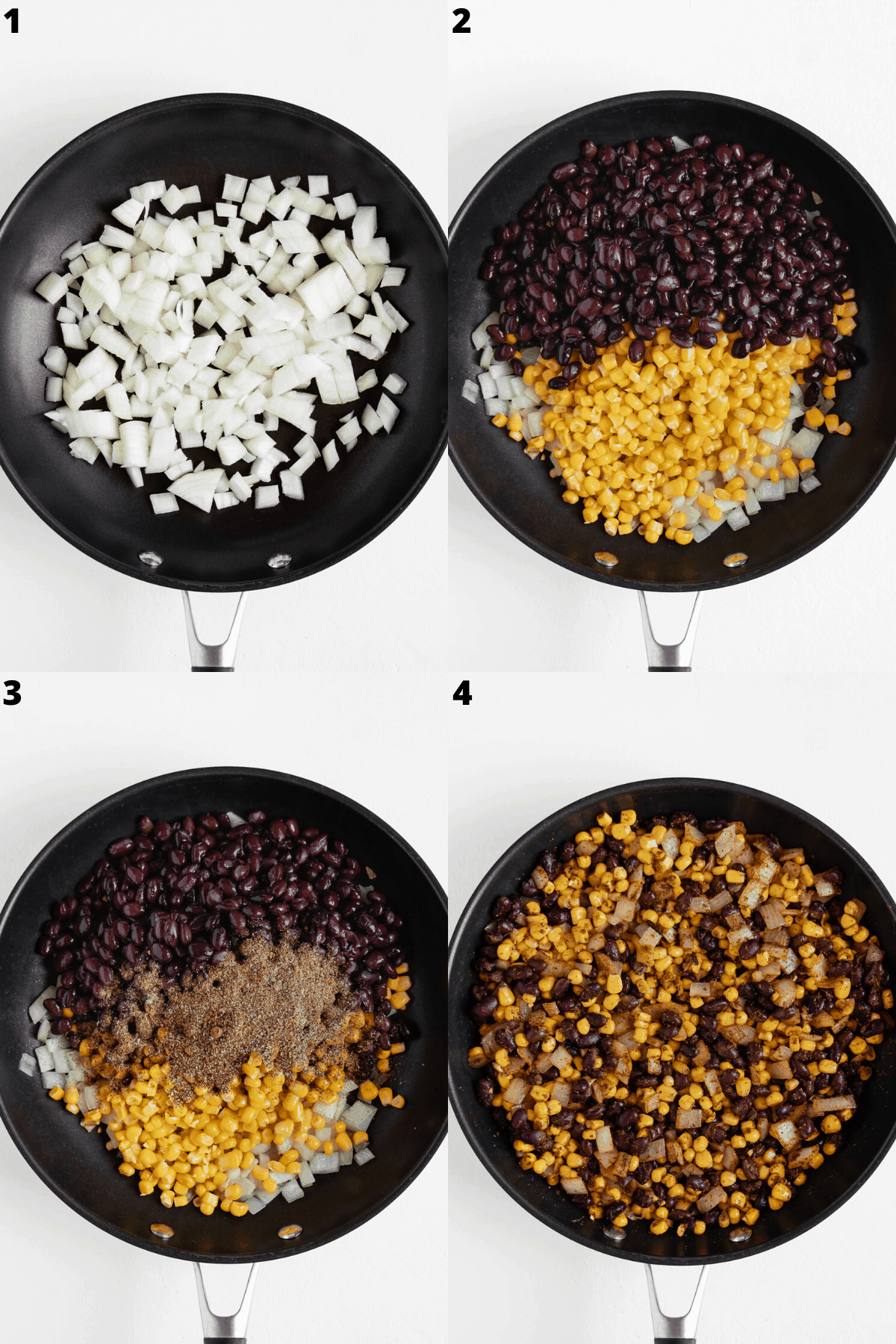 a four step collage cooking diced onions, black beans, corn, and spices on a black skillet