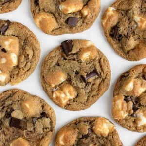 vegan s'mores cookies laying on a white surface