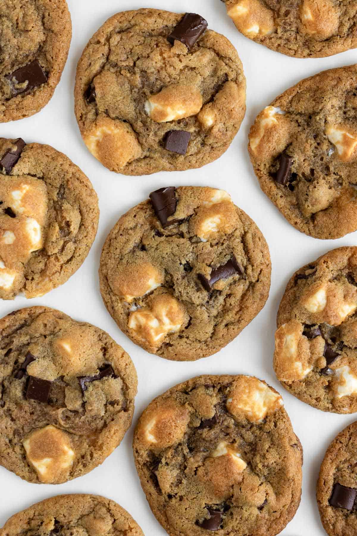 vegan s'mores cookies laying on a white surface