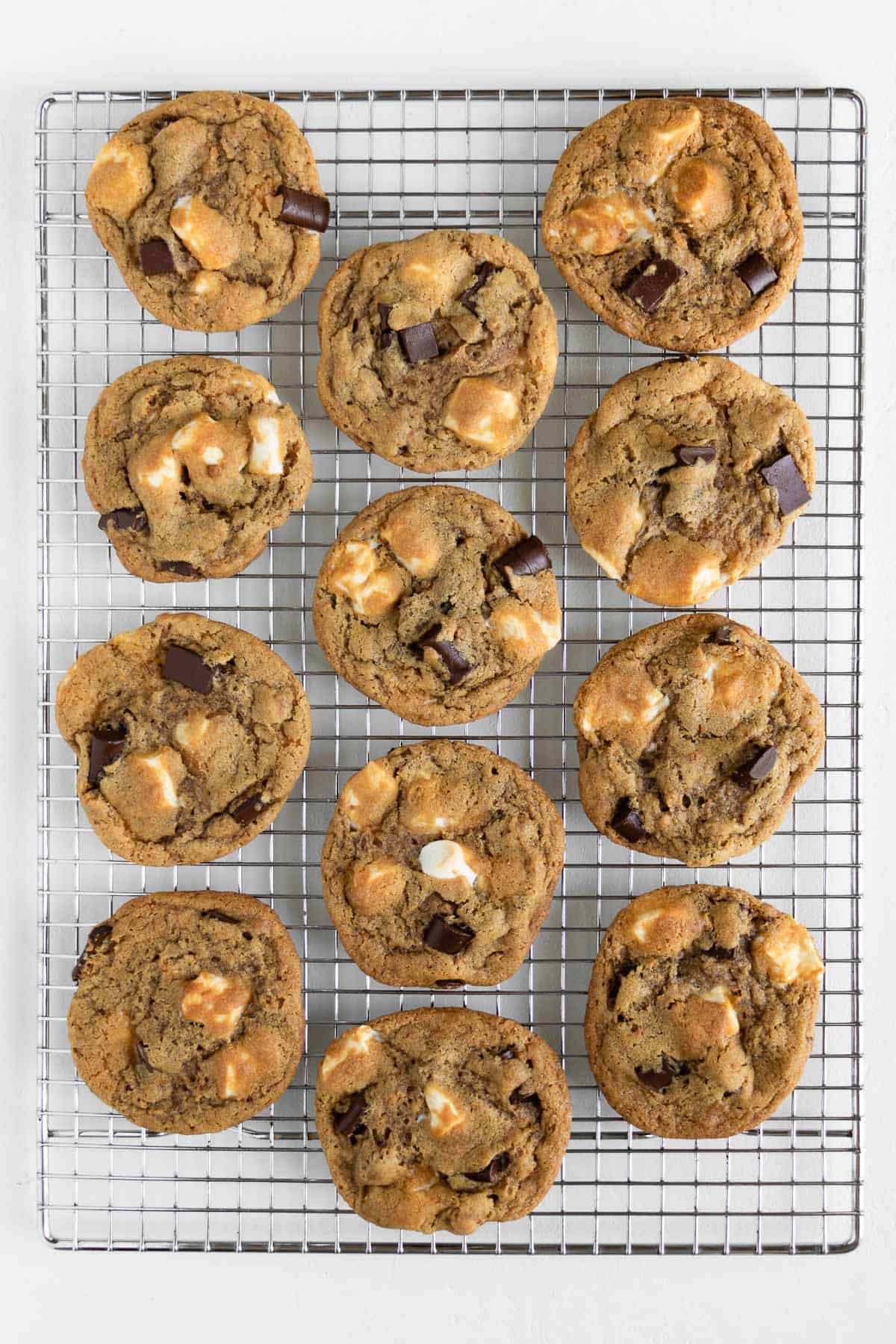 vegan s'mores cookies on a metal cooling rack