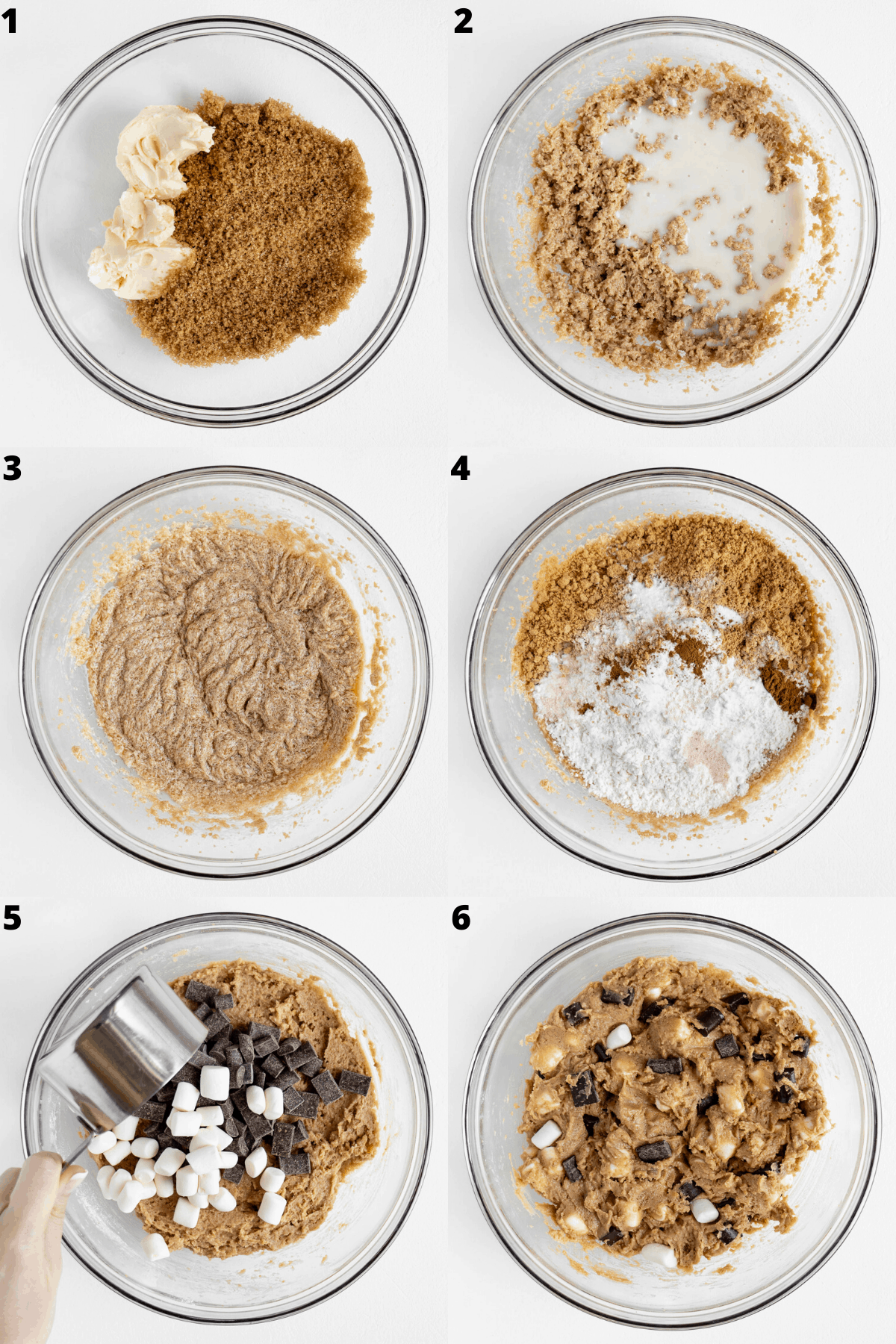 a six part photo collage showing the process of preparing vegan s'mores cookie dough