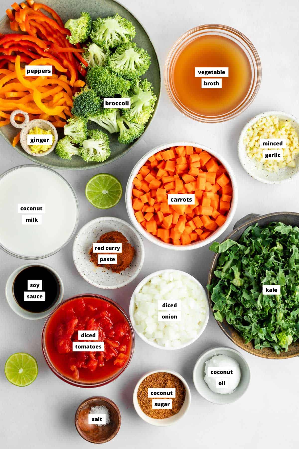 a marble board topped with a can of coconut milk, a can of diced tomatoes, cilantro, garlic, a sliced onion, and sliced orange and red bell peppers