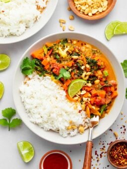 vegan thai curry and basmati rice in a bowl with fresh cilantro on top