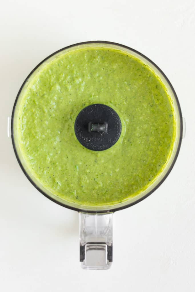 bright green spread inside a food processor