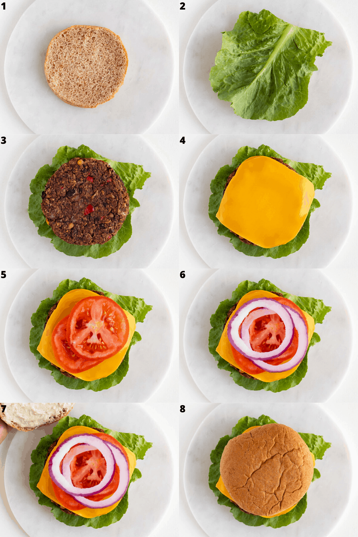 a step by step photo collage constructing a vegan black bean burger