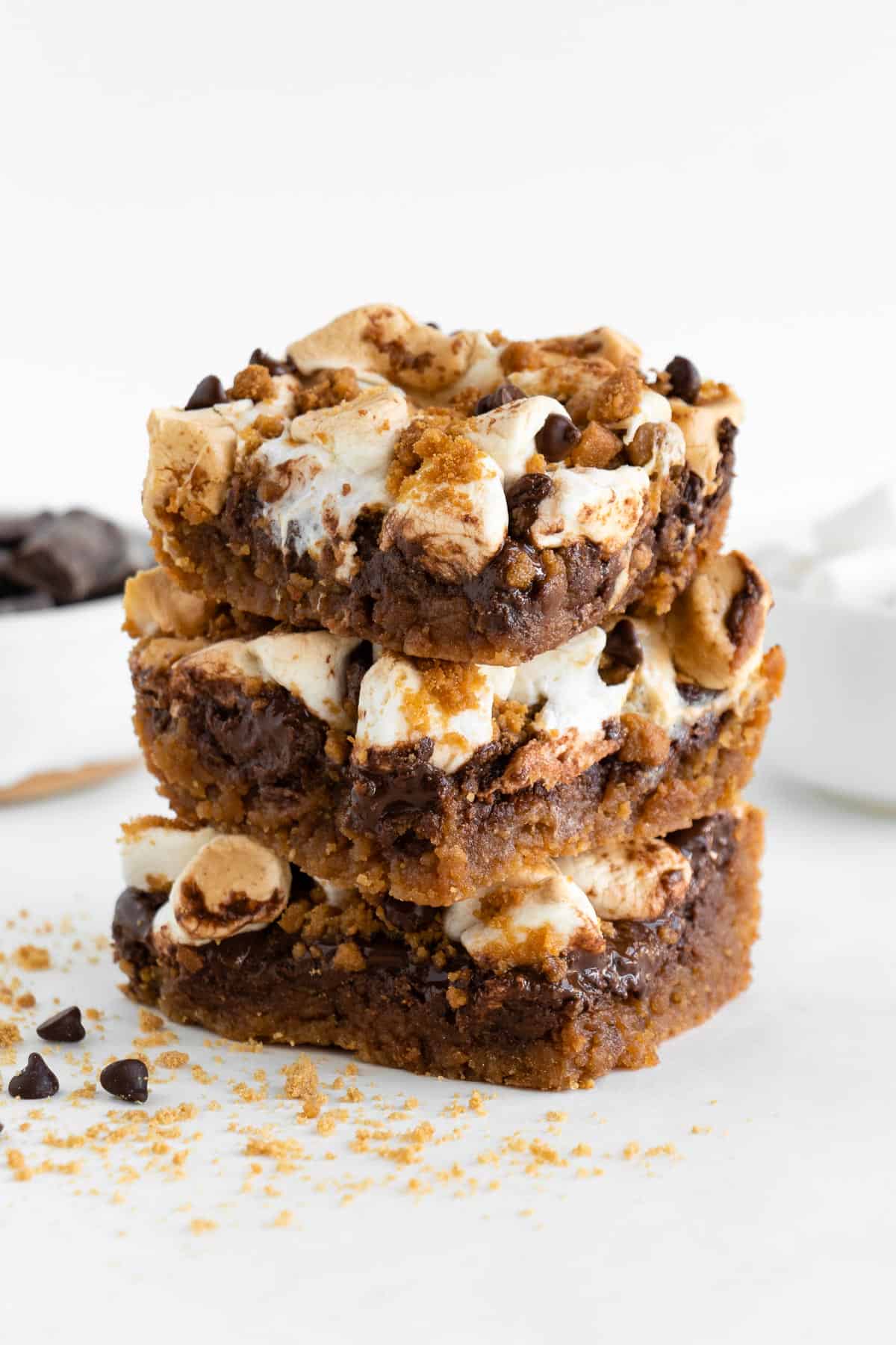 three vegan s'mores bars stacked on top of each other