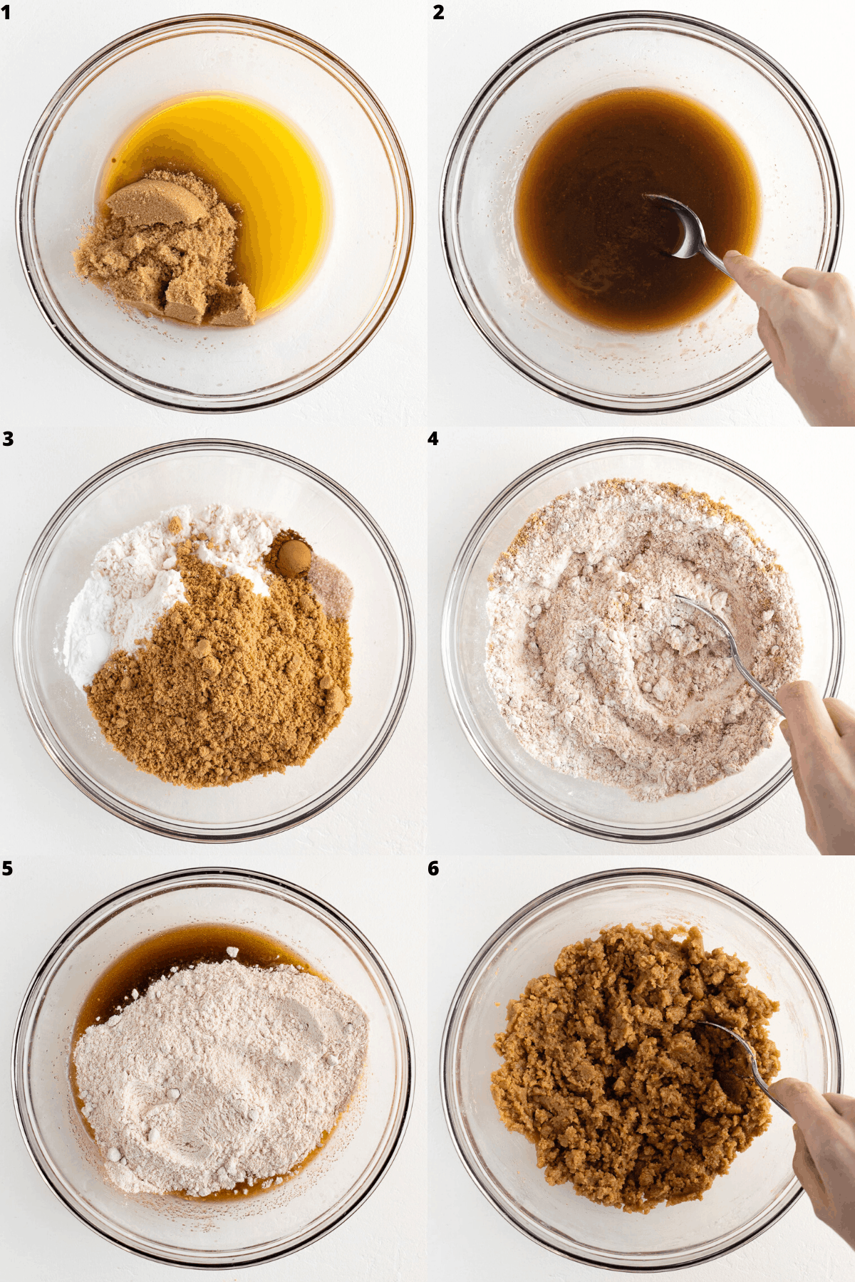 a six part photo collage mixing cookie dough in a glass bowl