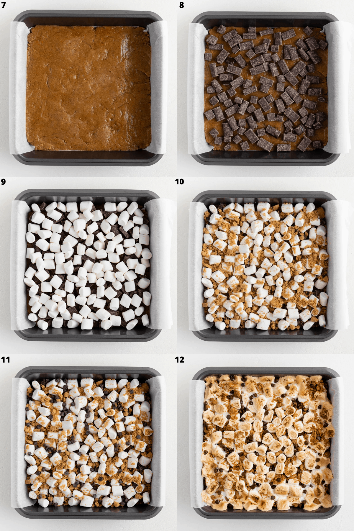 a six part photo collage adding layers of smores cookie bars in a square baking pan