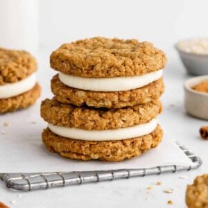 a stack of two homemade vegan oatmeal cream pies