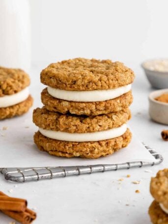 a stack of two homemade vegan oatmeal cream pies