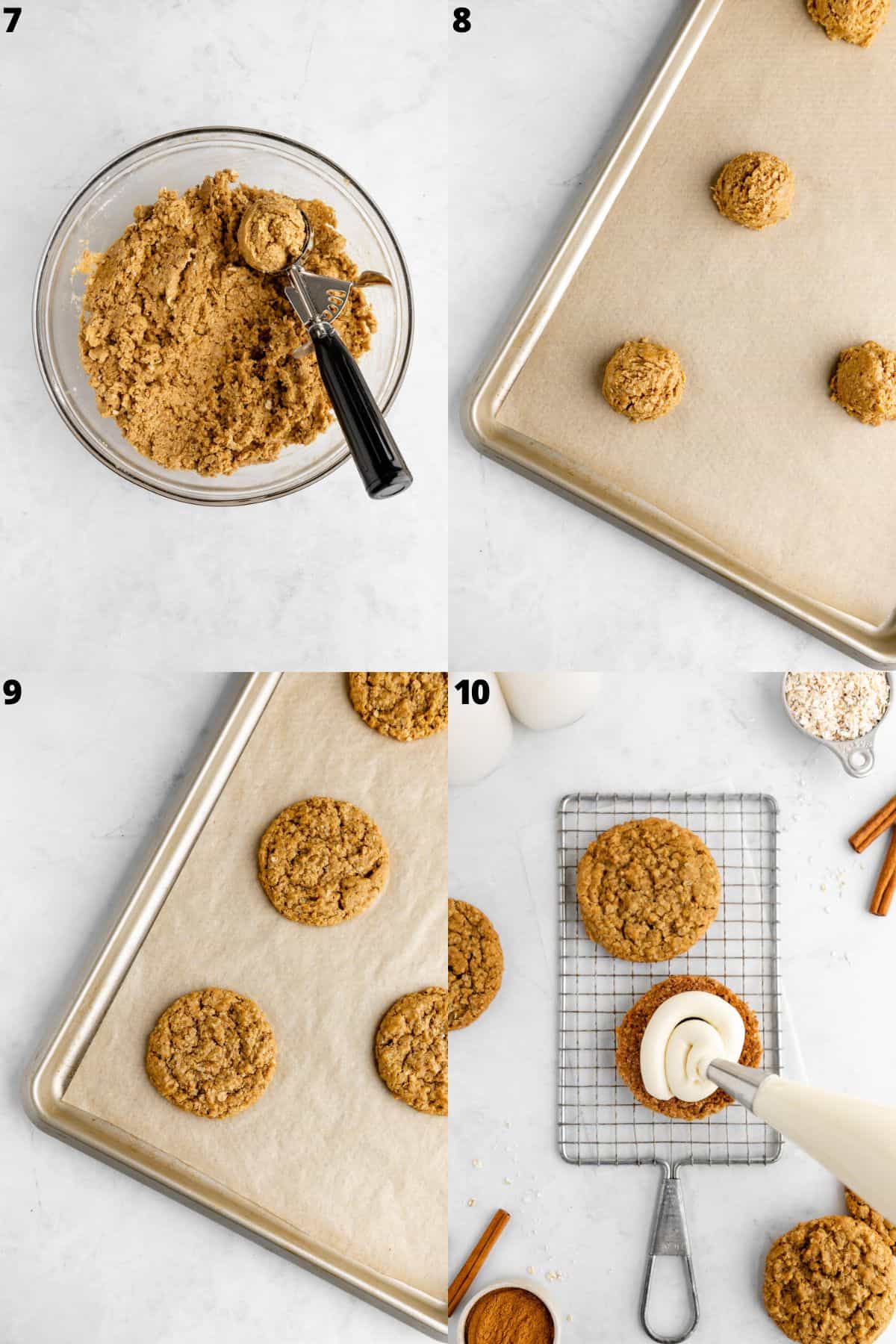 a large cookie scoop scooping oatmeal cookie dough in a glass bowl
