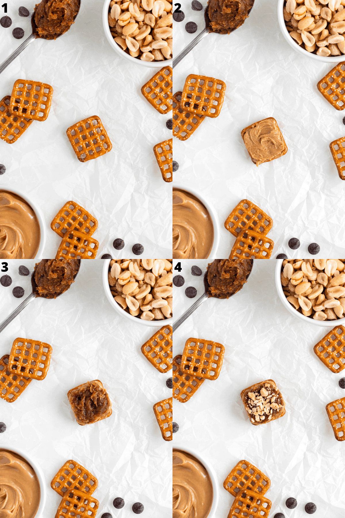 a four image collage of the step-by-step process covering a snap pretzel with peanut butter, date caramel, and crushed peanuts