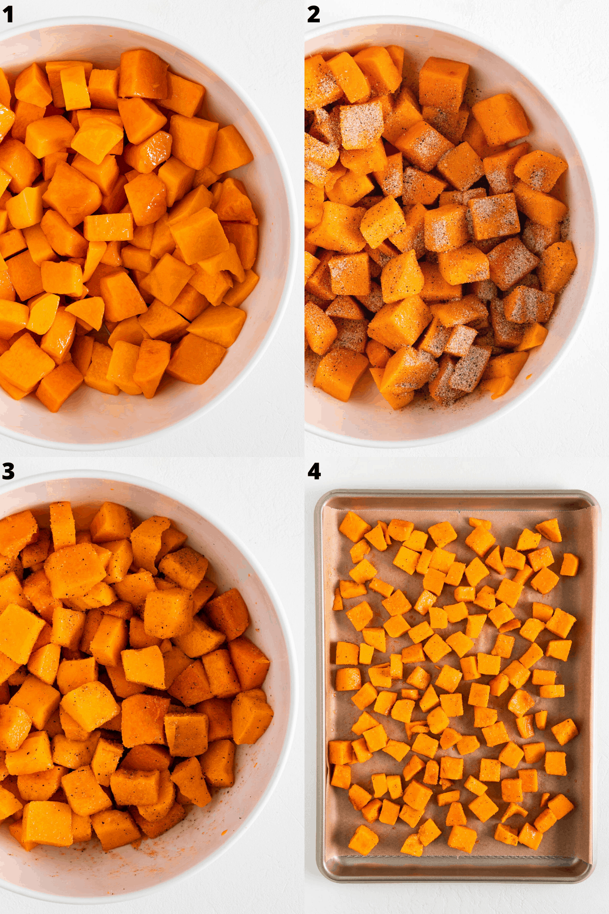 a four part photo collage tossing cubed butternut squash with olive oil and spices inside a white bowl, then placing them on a baking sheet