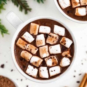 vegan hot chocolate topped with mini marshmallows inside a white ceramic mug, surrounded by a dish filled with cocoa powder and cinnamon sticks