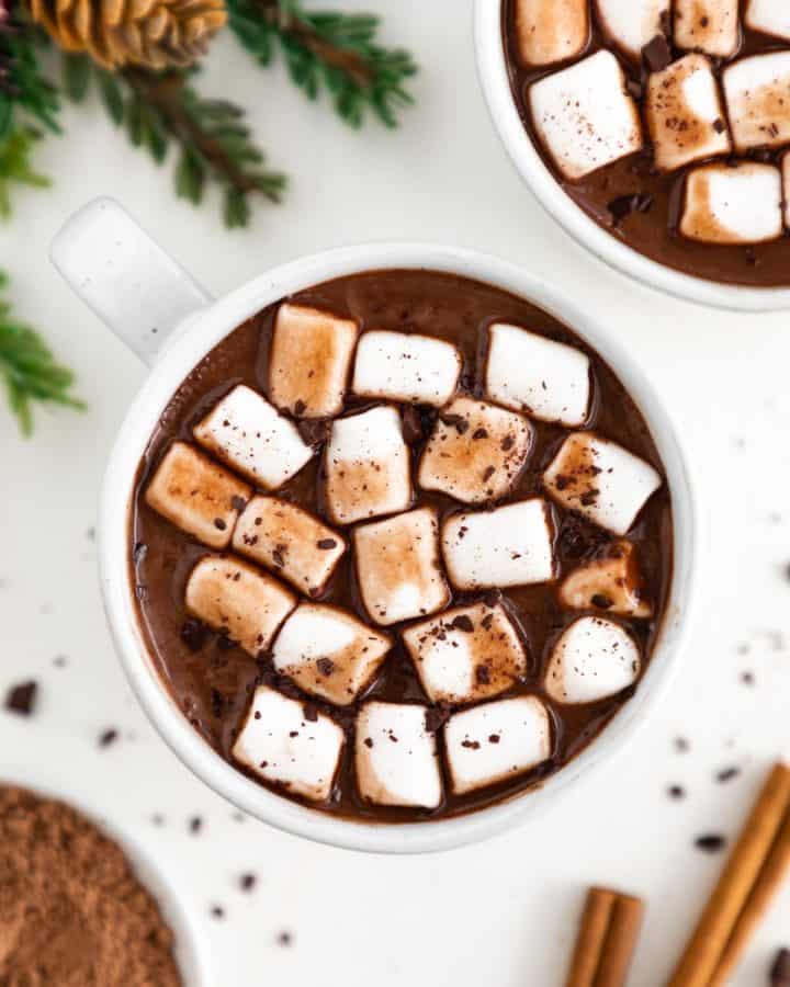 vegan hot chocolate topped with mini marshmallows inside a white ceramic mug, surrounded by a dish filled with cocoa powder and cinnamon sticks